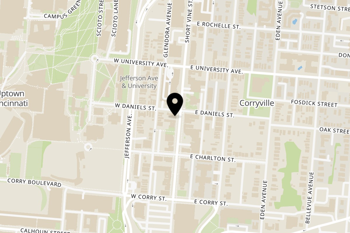 Map showing the location of Alabama Que on 2733 Short Vine St in Cincinnati